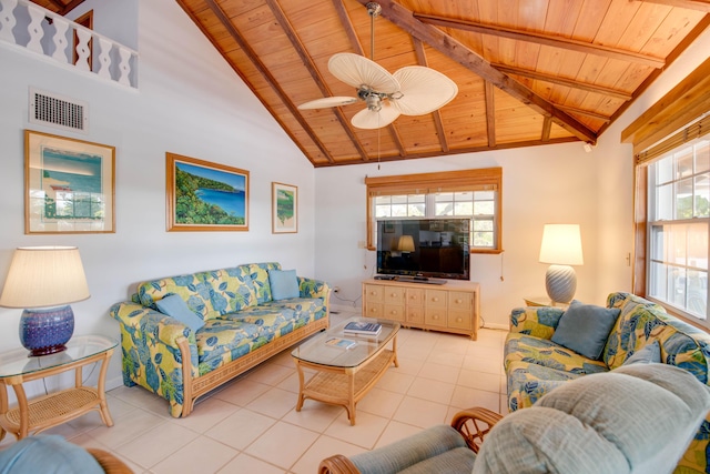 living room featuring visible vents, beamed ceiling, high vaulted ceiling, tile patterned flooring, and wood ceiling