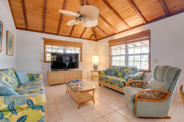 living area with wooden ceiling, vaulted ceiling with beams, a wealth of natural light, and ceiling fan