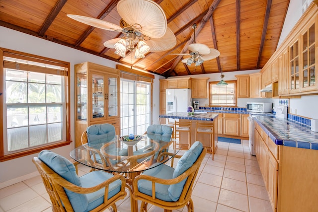 dining room featuring baseboards, lofted ceiling with beams, light tile patterned flooring, ceiling fan, and wooden ceiling