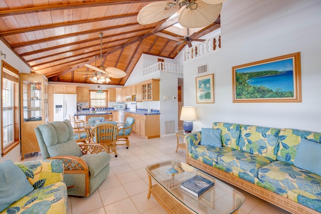 living area featuring light tile patterned floors, beam ceiling, wood ceiling, and ceiling fan