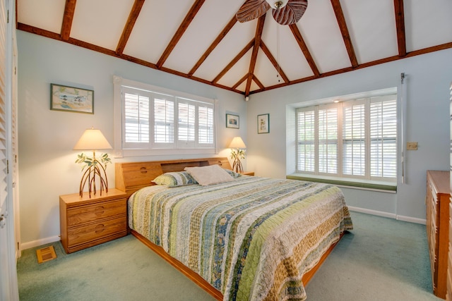 carpeted bedroom featuring beam ceiling, high vaulted ceiling, and baseboards