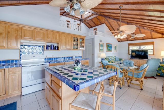 kitchen with ceiling fan, tile counters, electric stove, wood ceiling, and under cabinet range hood