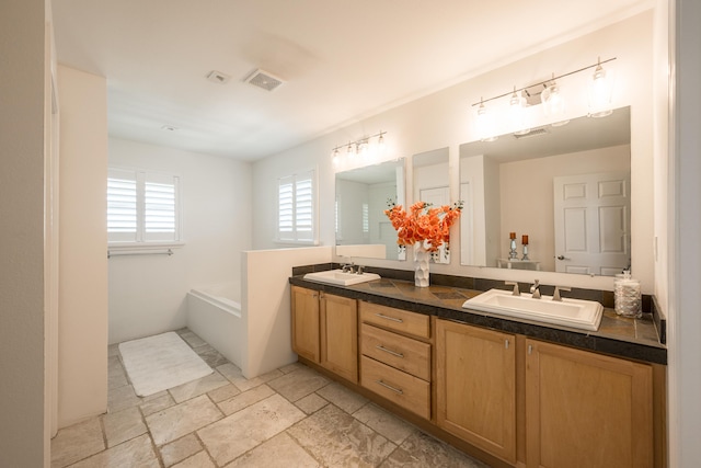 bathroom with vanity and a washtub