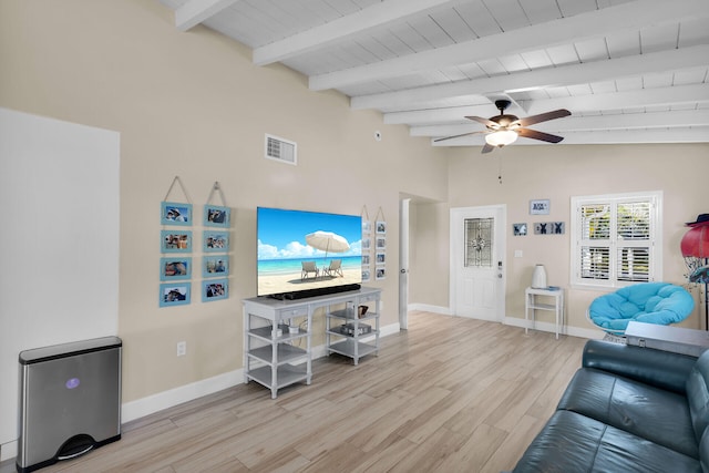 living room with lofted ceiling with beams, ceiling fan, wooden ceiling, and light wood-type flooring