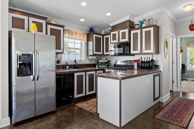 kitchen with sink, crown molding, dark brown cabinets, and black appliances