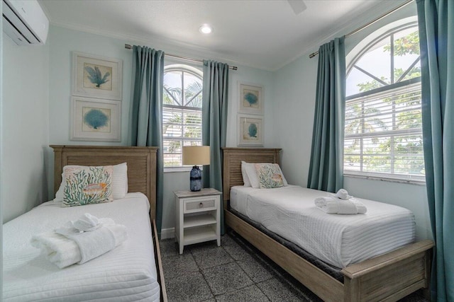 bedroom featuring ornamental molding, a wall mounted air conditioner, and ceiling fan