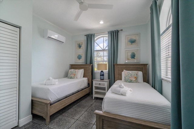 bedroom featuring ceiling fan, ornamental molding, and a wall mounted air conditioner