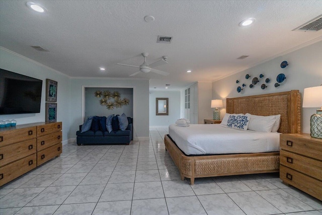 tiled bedroom featuring crown molding, ceiling fan, and a textured ceiling