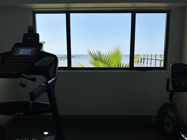 workout area with a water view