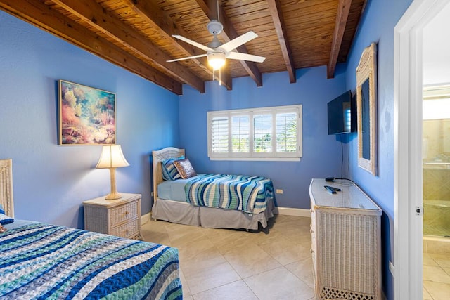 tiled bedroom with ensuite bath, wooden ceiling, and beamed ceiling