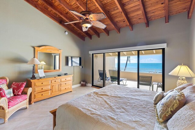 bedroom featuring vaulted ceiling with beams, wooden ceiling, light tile patterned floors, and access to outside