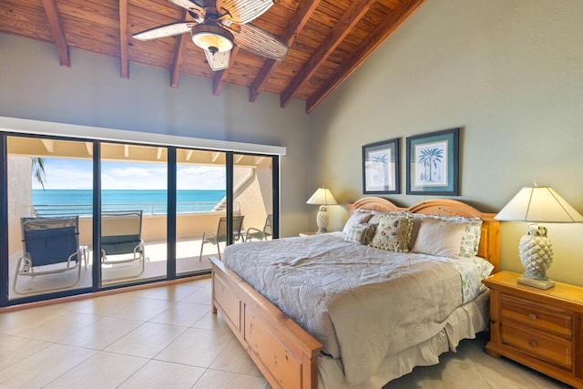 bedroom with a water view, lofted ceiling with beams, light tile patterned floors, wooden ceiling, and access to outside