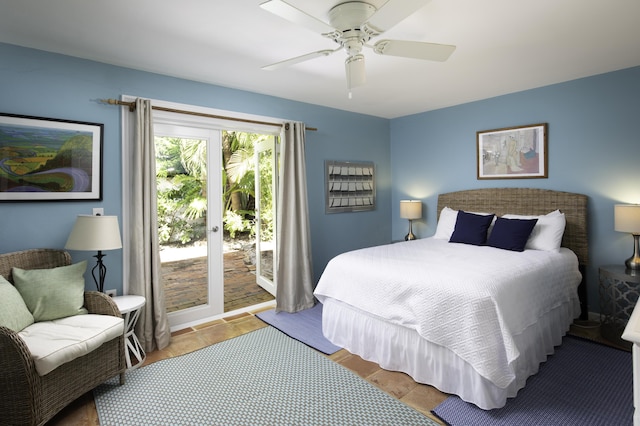 bedroom with access to exterior and ceiling fan