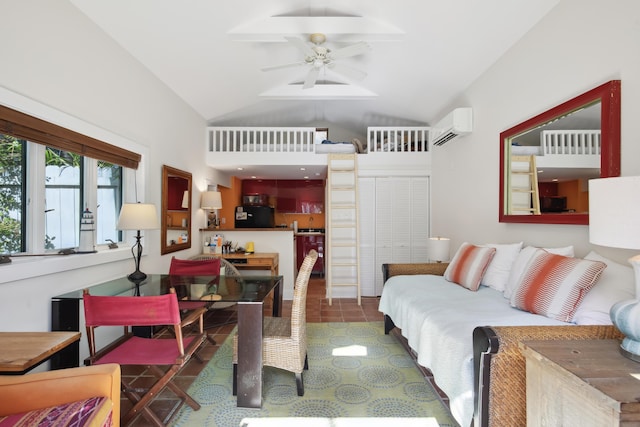 living room featuring ceiling fan, high vaulted ceiling, dark tile patterned flooring, and a wall mounted air conditioner