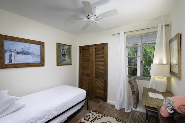 bedroom featuring a closet, ceiling fan, and baseboards