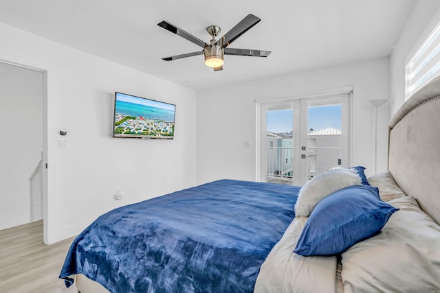 bedroom featuring french doors, ceiling fan, access to exterior, and light wood-type flooring