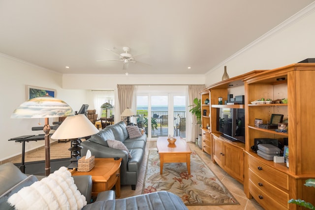 5960 Peninsular Ave Unit 108, Stock Island, FL 33040 - living area with crown molding, ceiling fan, light tile patterned floors, and recessed lighting