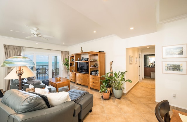 5960 Peninsular Ave Unit 108, Stock Island, FL 33040 - living room with ceiling fan, light tile patterned floors, ornamental molding, baseboards, and recessed lighting