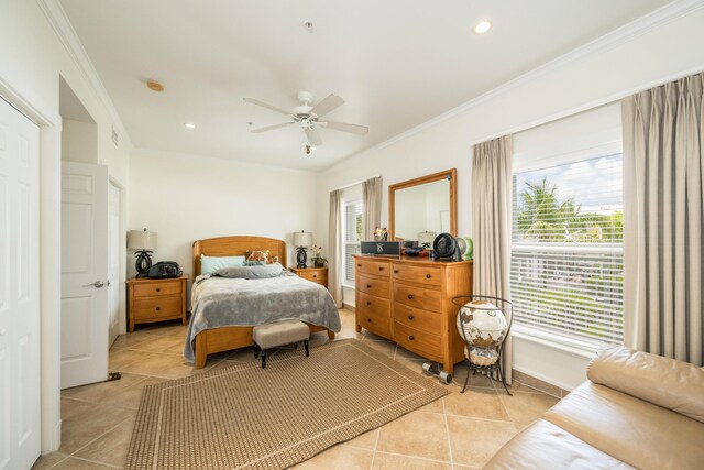 5960 Peninsular Ave Unit 108, Stock Island, FL 33040 - bedroom with crown molding, light tile patterned floors, recessed lighting, ceiling fan, and baseboards