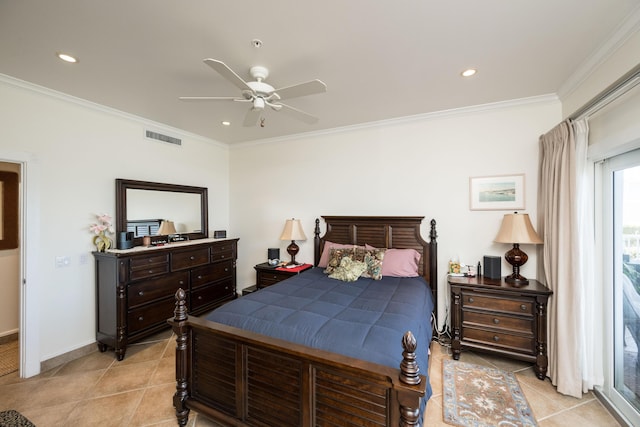 5960 Peninsular Ave Unit 108, Stock Island, FL 33040 - bedroom featuring crown molding, light tile patterned flooring, recessed lighting, a ceiling fan, and baseboards