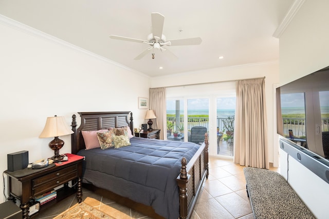 5960 Peninsular Ave Unit 108, Stock Island, FL 33040 - bedroom with access to outside, crown molding, light tile patterned floors, recessed lighting, and ceiling fan