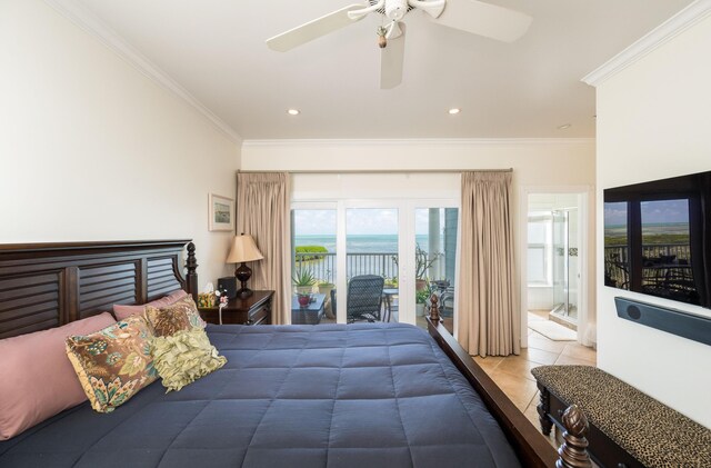 5960 Peninsular Ave Unit 108, Stock Island, FL 33040 - bedroom featuring access to outside, crown molding, tile patterned floors, a water view, and recessed lighting