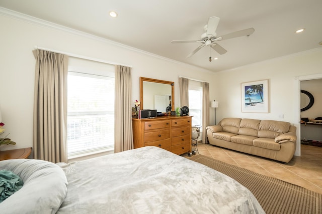 5960 Peninsular Ave Unit 108, Stock Island, FL 33040 - bedroom with light tile patterned flooring, crown molding, recessed lighting, and a ceiling fan
