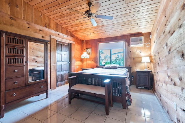 794 Narragansett Ln, Key Largo, FL 33037 - bedroom with wood ceiling, wooden walls, light tile patterned floors, a wall mounted AC, and lofted ceiling