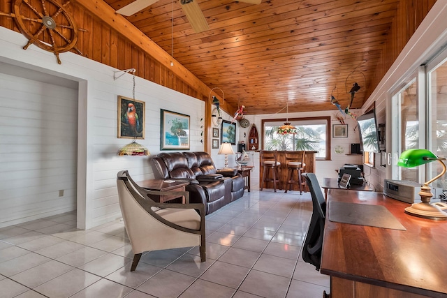 794 Narragansett Ln, Key Largo, FL 33037 - living area with light tile patterned flooring, wood ceiling, vaulted ceiling, and wooden walls