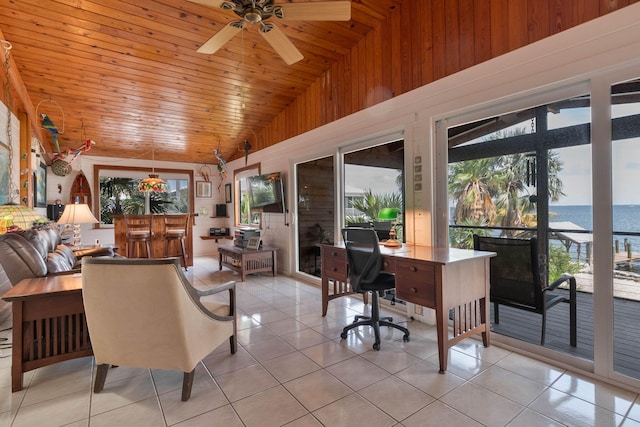 794 Narragansett Ln, Key Largo, FL 33037 - office with a ceiling fan, light tile patterned flooring, wood ceiling, and high vaulted ceiling