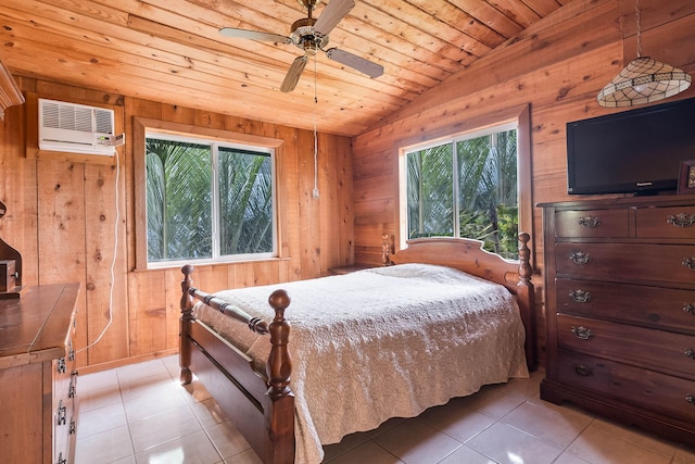794 Narragansett Ln, Key Largo, FL 33037 - bedroom with vaulted ceiling, an AC wall unit, wood walls, light tile patterned floors, and wooden ceiling