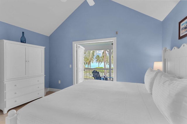 bedroom featuring lofted ceiling, access to exterior, and ceiling fan