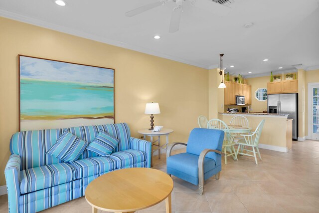 tiled living room featuring crown molding and ceiling fan