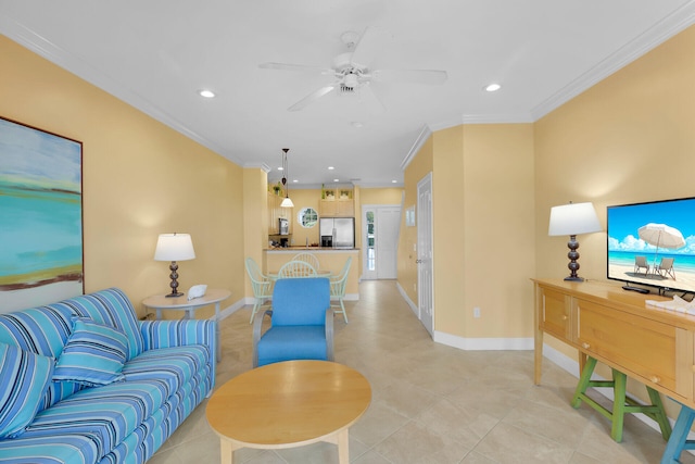 living room featuring crown molding and ceiling fan