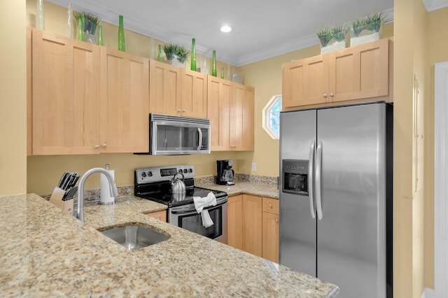 kitchen with sink, appliances with stainless steel finishes, light stone counters, ornamental molding, and light brown cabinets