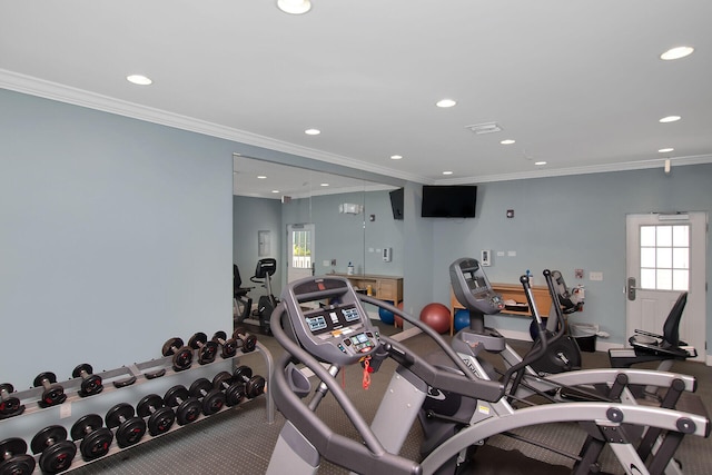 workout area with crown molding