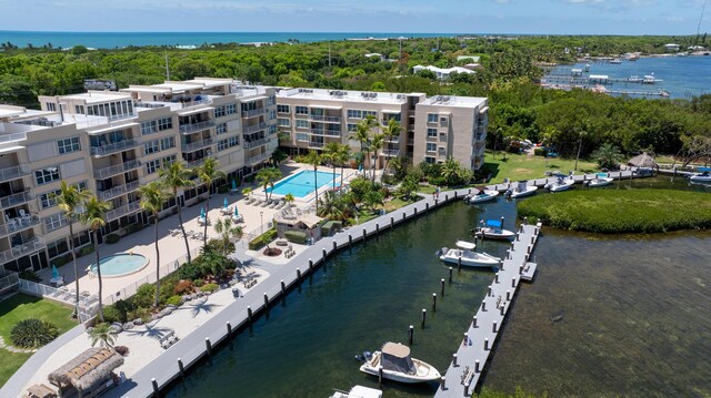 bird's eye view with a water view