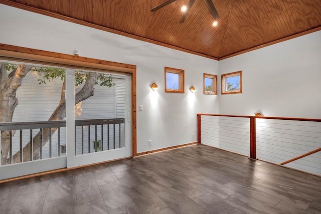 unfurnished room with lofted ceiling, wooden ceiling, ceiling fan, and baseboards