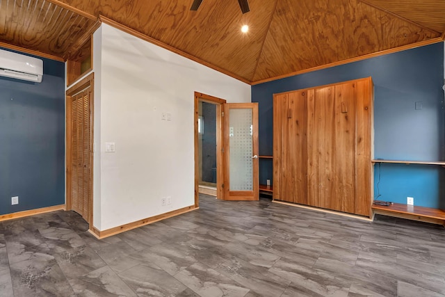 unfurnished bedroom featuring high vaulted ceiling, wood ceiling, baseboards, a closet, and a wall mounted AC