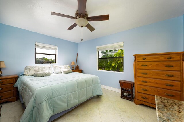 bedroom featuring ceiling fan and multiple windows