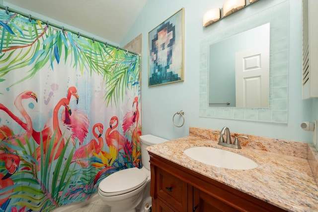 bathroom featuring vanity, curtained shower, and toilet