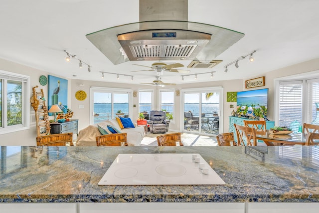 living area with a wealth of natural light, visible vents, and a ceiling fan