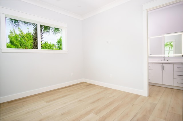 empty room with sink, crown molding, and light hardwood / wood-style flooring