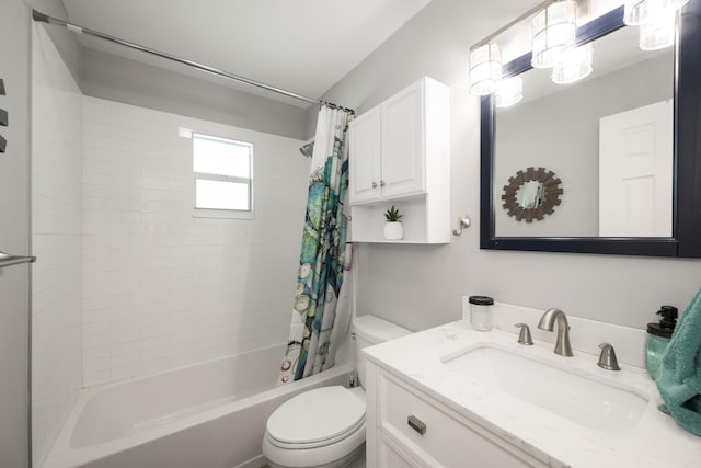 full bathroom with shower / tub combo, vanity, and toilet