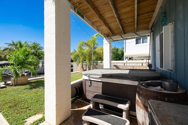 view of patio / terrace featuring a hot tub