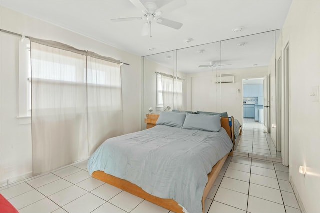 tiled bedroom with an AC wall unit