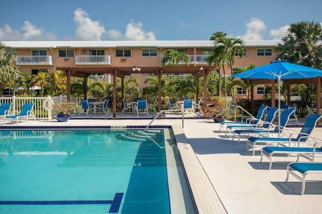 view of pool featuring a pergola and a patio