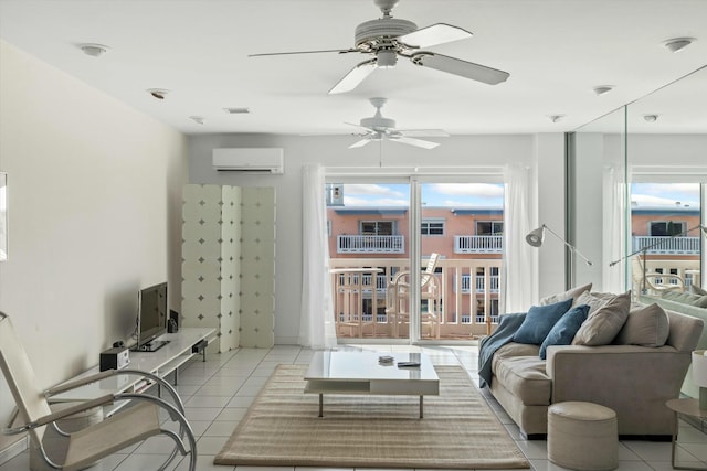 living room featuring a healthy amount of sunlight, a wall unit AC, and light tile patterned floors