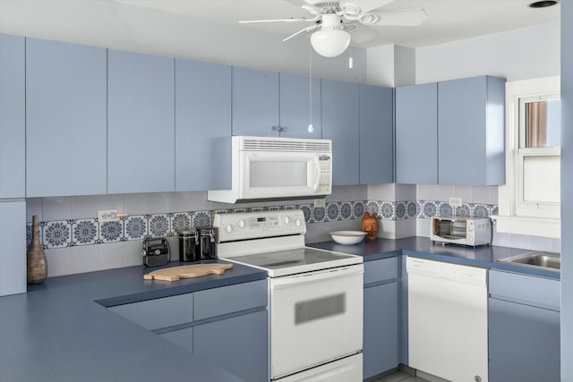 kitchen featuring blue cabinets, sink, tasteful backsplash, ceiling fan, and white appliances