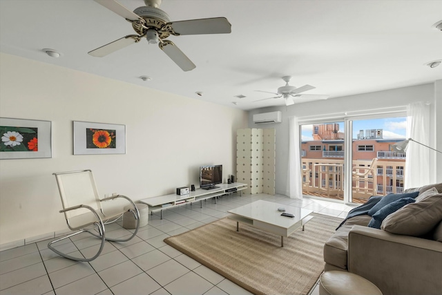 tiled living room featuring ceiling fan and a wall mounted AC